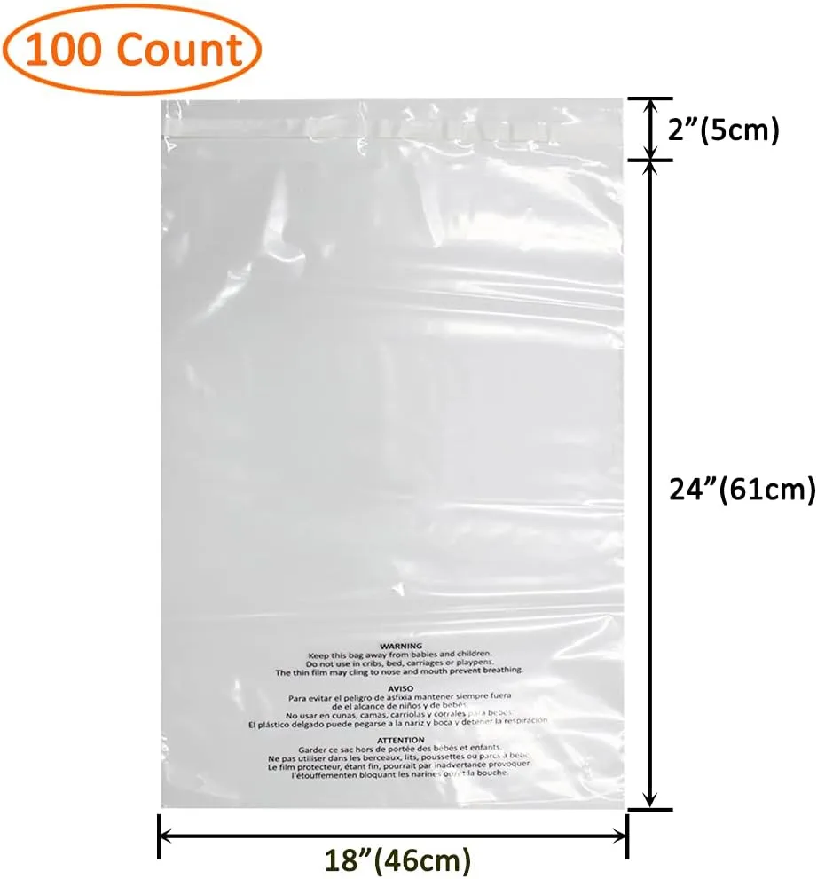 Belinlen 100 Count 18x24 Inch Self Seal Clear Poly Bags with Suffocation Warning for Packaging, Shipping & FBA with Permanent Adhesive (1.5mil)