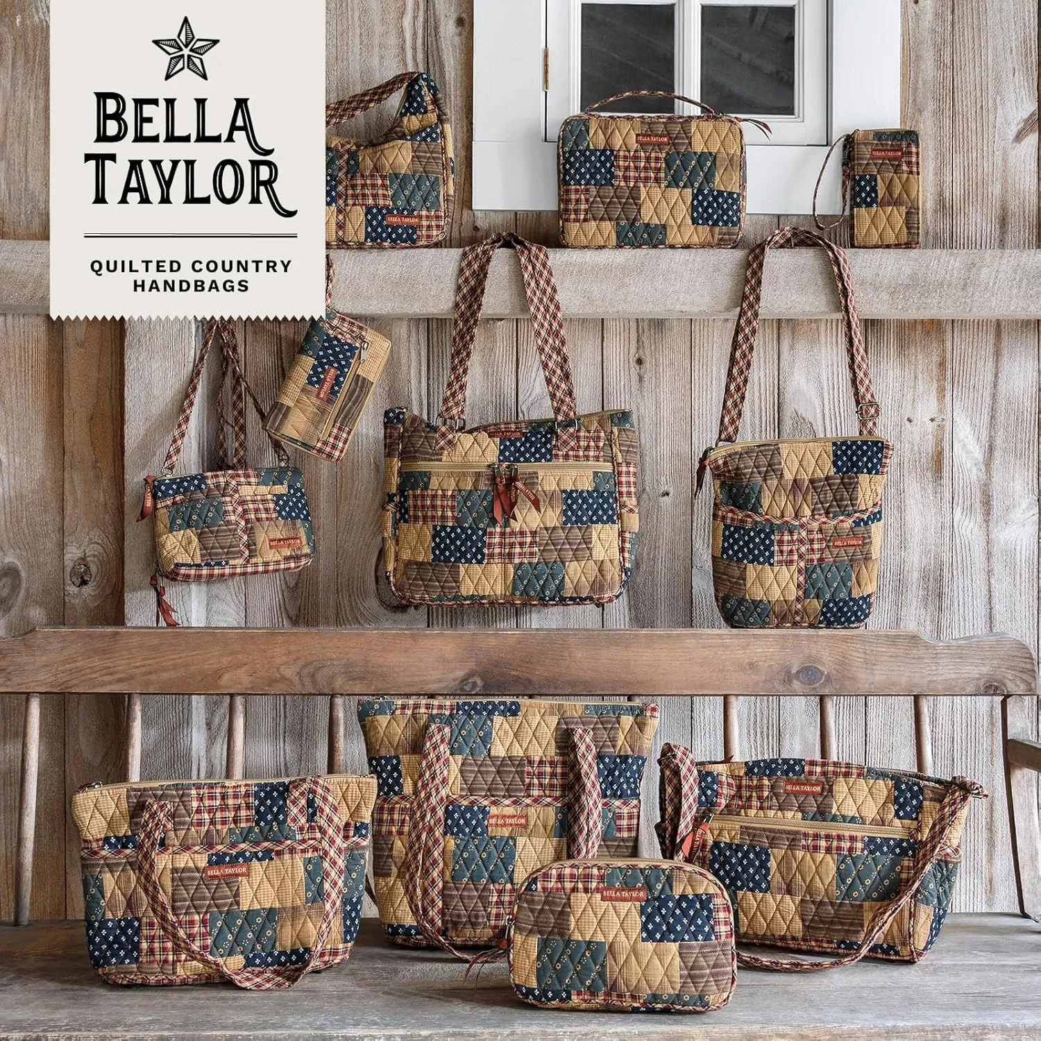 Bella Taylor Quilted Duffle Bag for Women, Large Carry On Travel Weekend Bag, Quilted Cotton Primitive Patch Navy and Red Patchwork