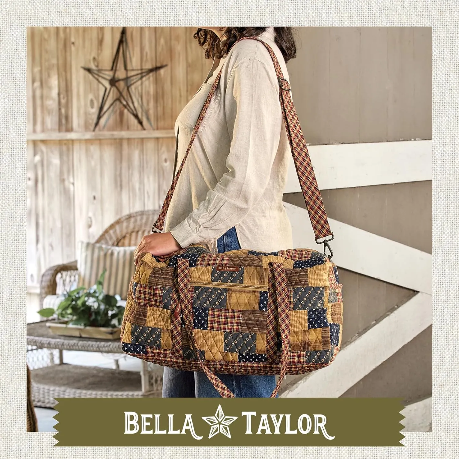 Bella Taylor Quilted Duffle Bag for Women, Large Carry On Travel Weekend Bag, Quilted Cotton Primitive Patch Navy and Red Patchwork