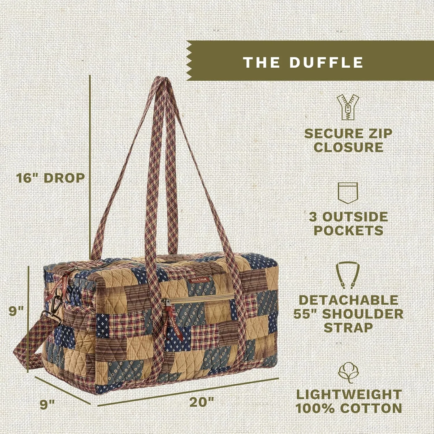 Bella Taylor Quilted Duffle Bag for Women, Large Carry On Travel Weekend Bag, Quilted Cotton Primitive Patch Navy and Red Patchwork