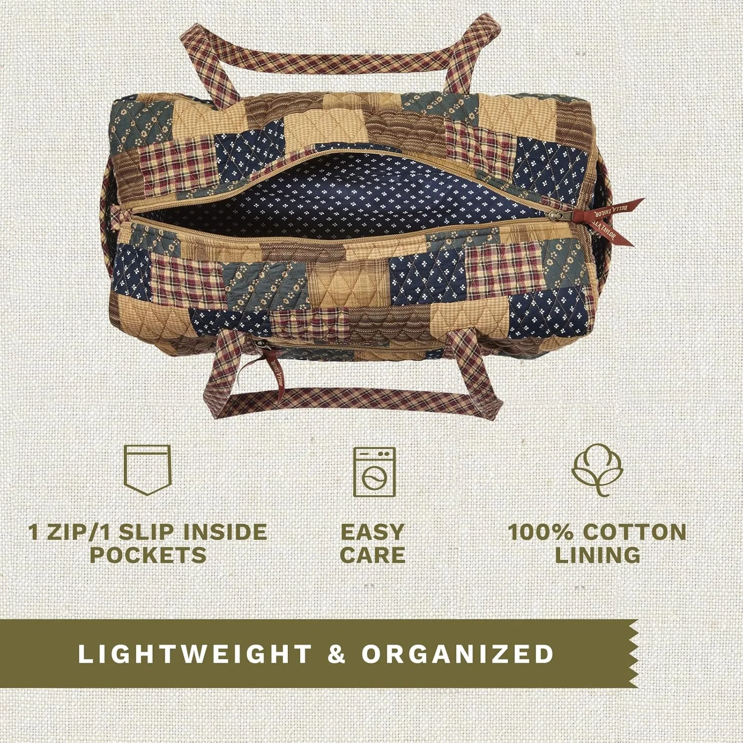 Bella Taylor Quilted Duffle Bag for Women, Large Carry On Travel Weekend Bag, Quilted Cotton Primitive Patch Navy and Red Patchwork