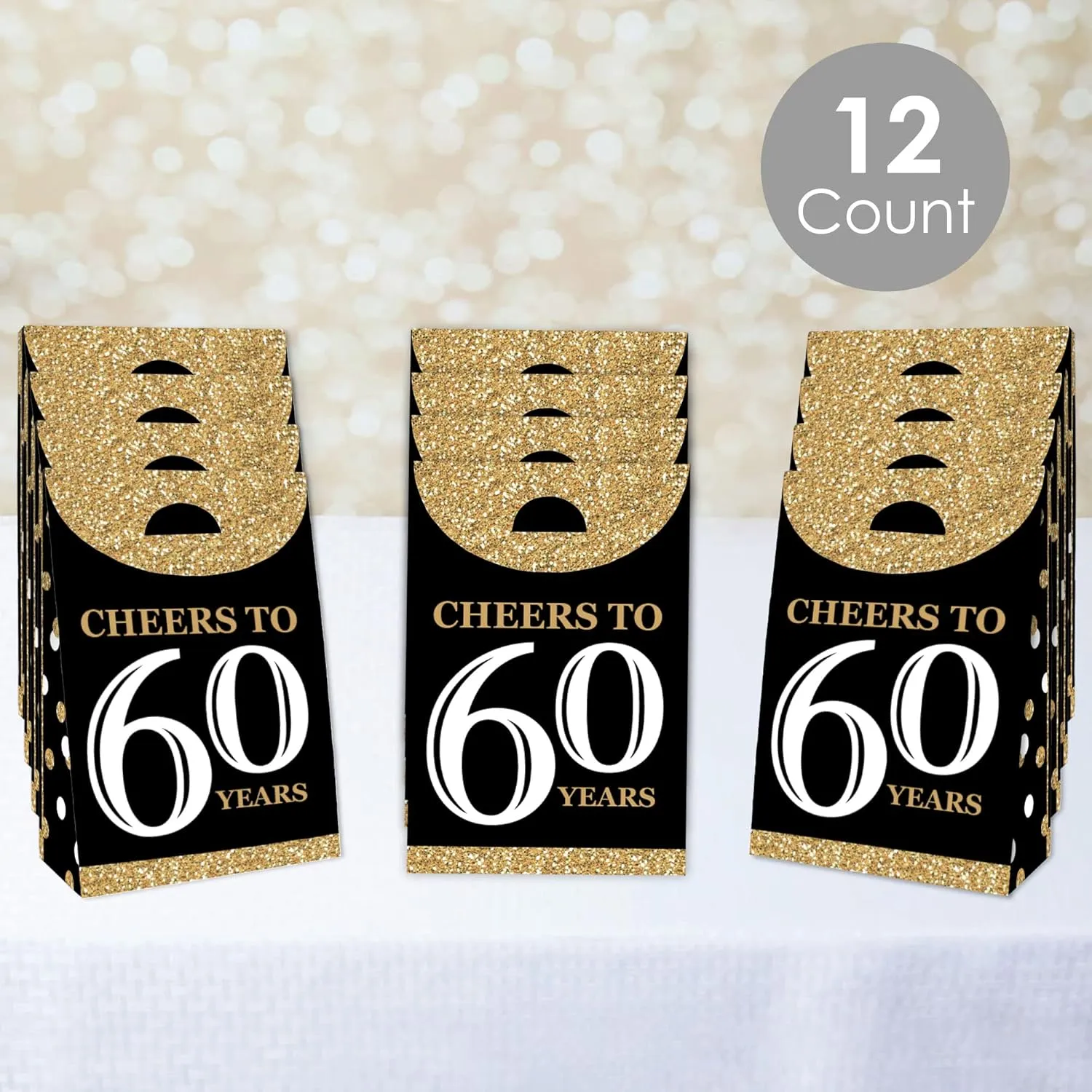 Big Dot of Happiness Adult 60th Birthday - Gold - Birthday Gift Favor Bag - Party Goodie Boxes - Set of 12