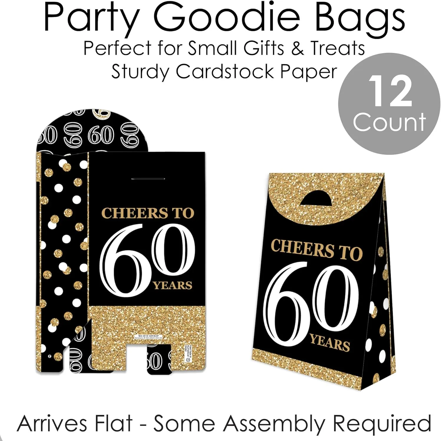 Big Dot of Happiness Adult 60th Birthday - Gold - Birthday Gift Favor Bag - Party Goodie Boxes - Set of 12