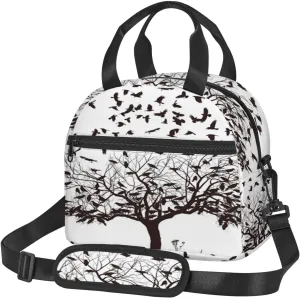 Birds,Insulated Reusable Lunch Bag Adult Large Lunch Box for Women and Men,Flock of Crows Monochrome,Adjustable Shoulder Strap,Front Zipper Pocket,Black White