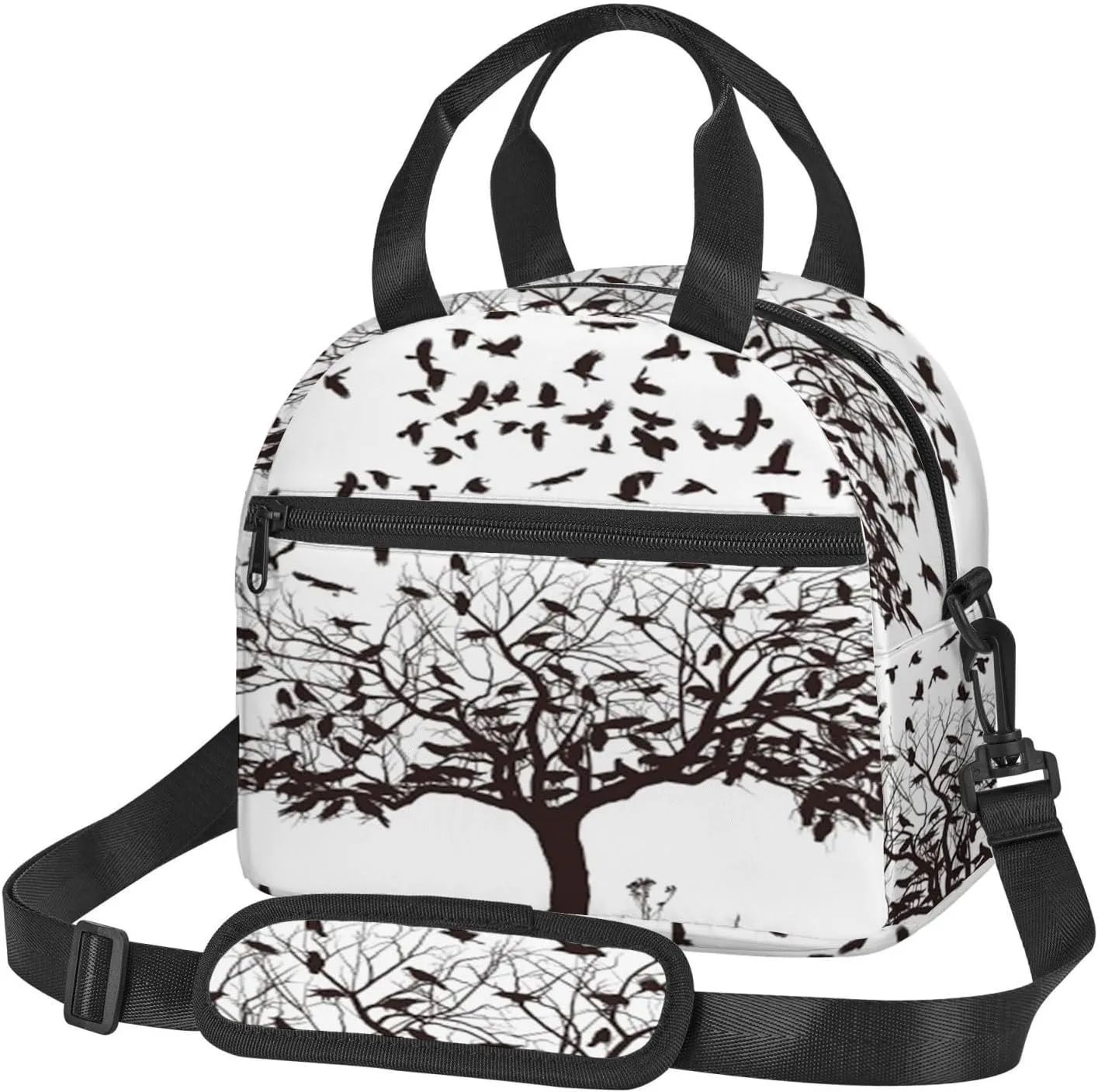 Birds,Insulated Reusable Lunch Bag with Adjustable Shoulder Strap for Adults,Flock of Crows Monochrome,Leakproof Office Picnic Hiking Beach Tote Bag,Black White,9x5x7.8in
