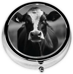 Black White Cow Face Pill Box Round Pill Case for Pocket Purse 3 Compartment Medicine Pill Organizer Cute Portable Travel Pillbox Vitamin Cod Liver Oil Storage Box Unique Gift Organizer