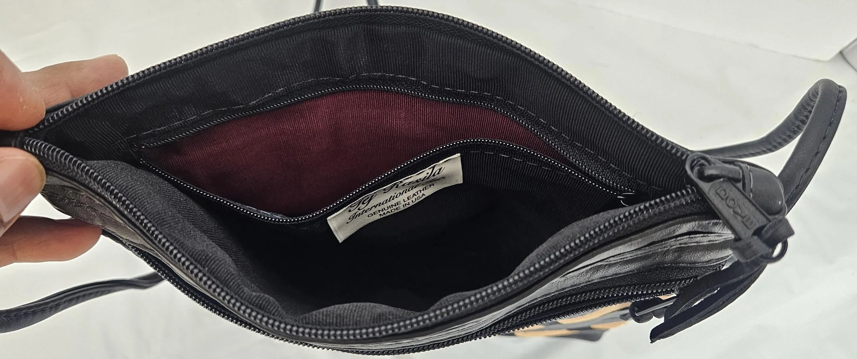 Black with Leopard 2 stripes Genuine leather patchwork purse for Universal use. #305BL2s.Design for you.Made in USA.