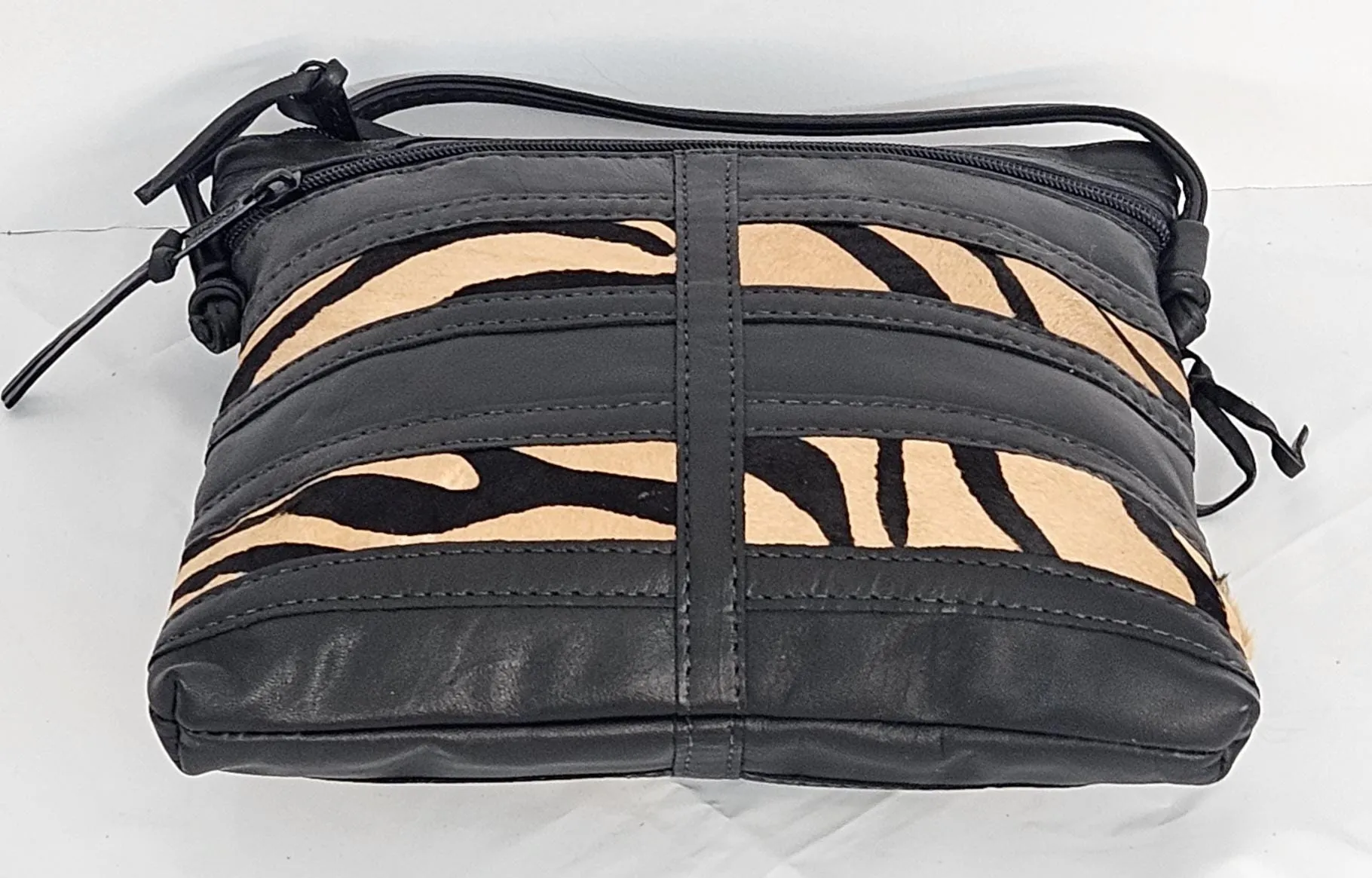 Black with Leopard 2 stripes Genuine leather patchwork purse for Universal use. #305BL2s.Design for you.Made in USA.