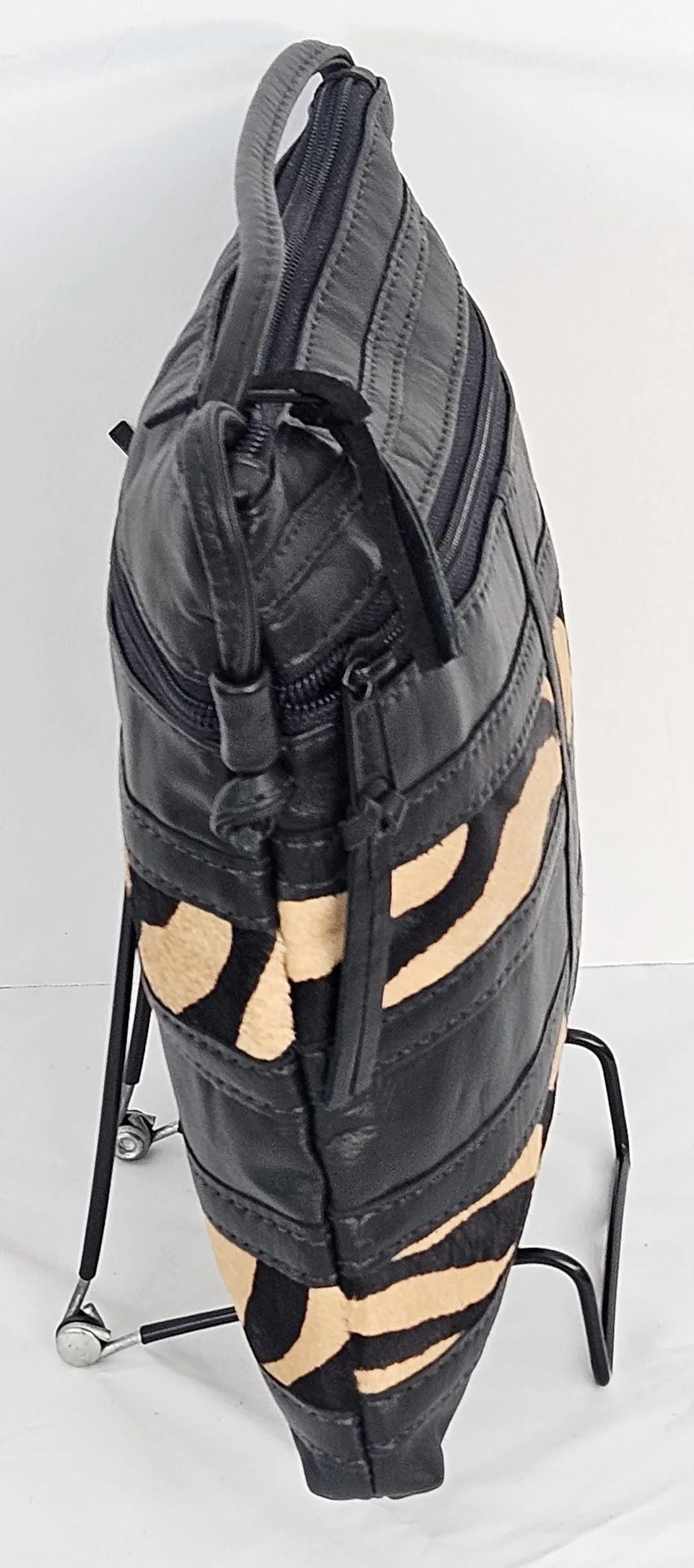 Black with Leopard 2 stripes Genuine leather patchwork purse for Universal use. #305BL2s.Design for you.Made in USA.