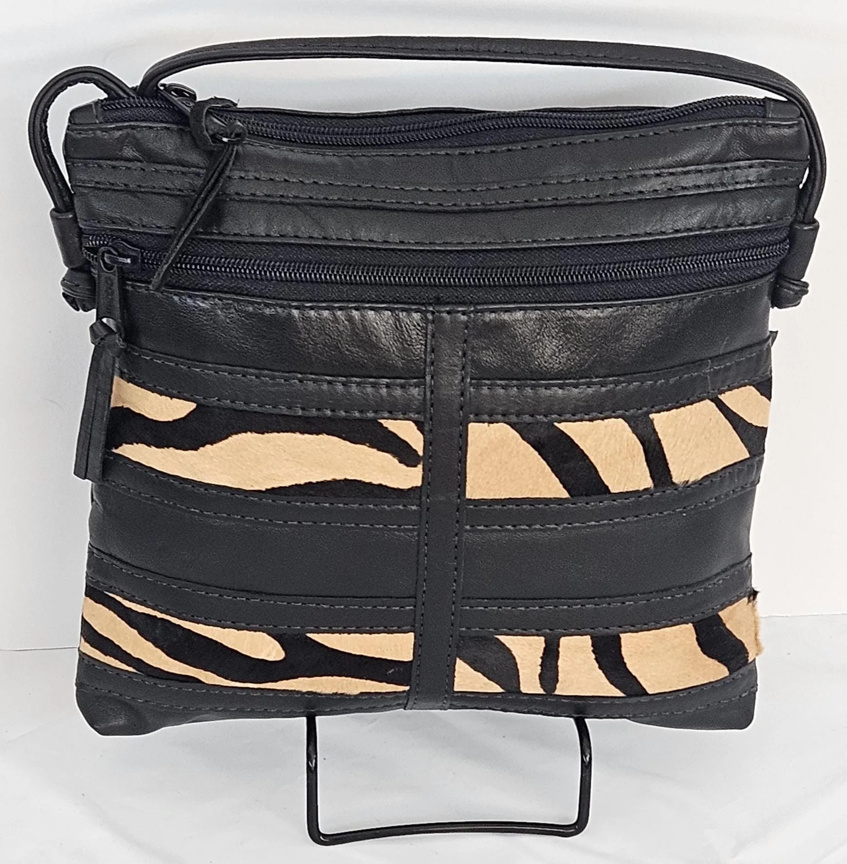 Black with Leopard 2 stripes Genuine leather patchwork purse for Universal use. #305BL2s.Design for you.Made in USA.