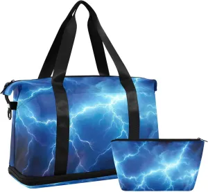 Blue Electrical Sparks Gym Bag - Weekender Overnight Bags for Women Men, Sport Travel Duffel Bag with Wet Pocket & Shoe Compartment