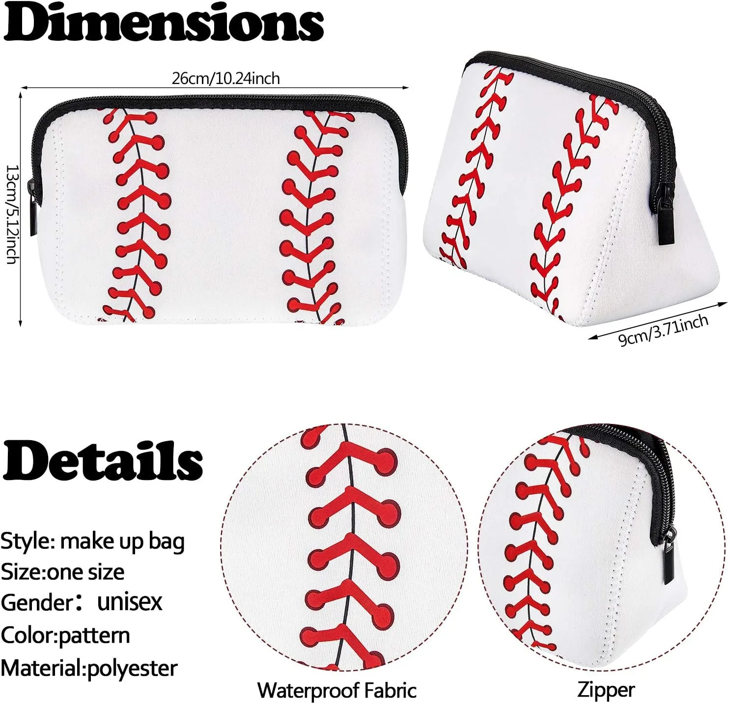 Boao 2 Pieces Softball Bag Softball Print Makeup Bag Baseball Travel Cosmetic Waterproof Pouch with Zipper(10.24 x 5.12 x 3.7 Inch,White)