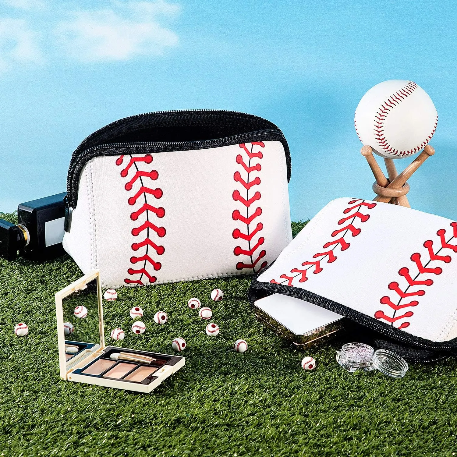 Boao 2 Pieces Softball Bag Softball Print Makeup Bag Baseball Travel Cosmetic Waterproof Pouch with Zipper(10.24 x 5.12 x 3.7 Inch,White)