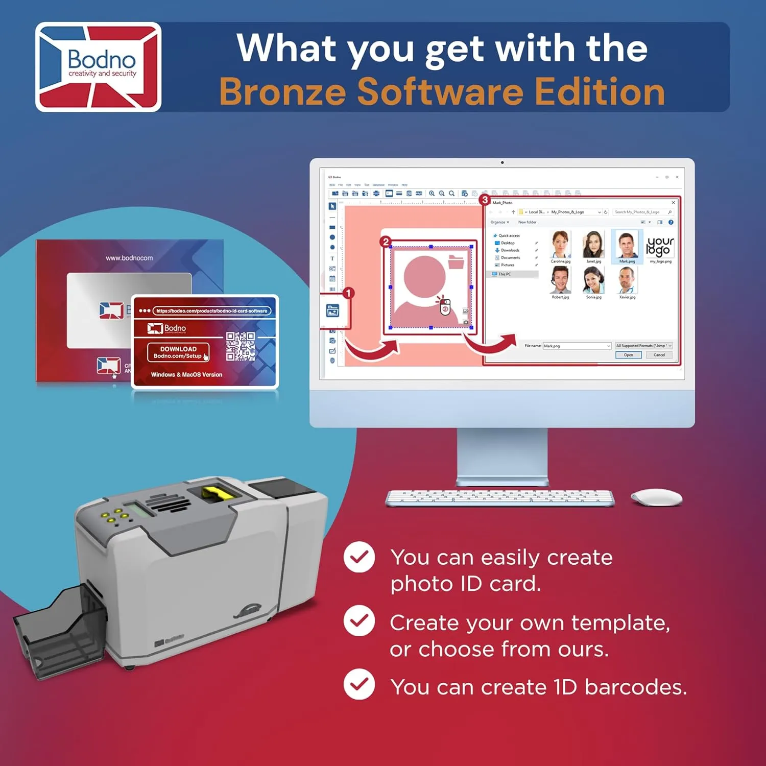 Bodno Seaory S28 Dual Sided ID Card Printer & Complete Supplies Package ID Software and Camera - Bronze Edition