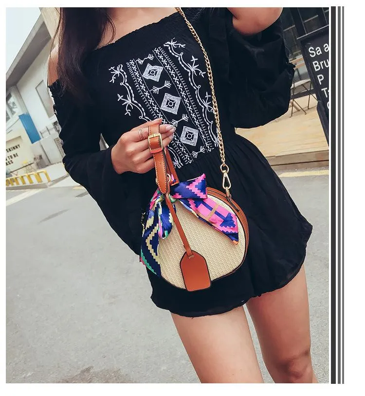 Bohemian Round Straw Rattan Woven Crossbody Shoulder Bag