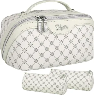 BOYATU Travel Makeup Bag Cosmetic Bags for Women: Large Make up Bags Set of 3 - Portable Makeup Organizer with Compartments&Handle&Divider - Waterproof PU Leather Toiletry Bag(01-Milky white)