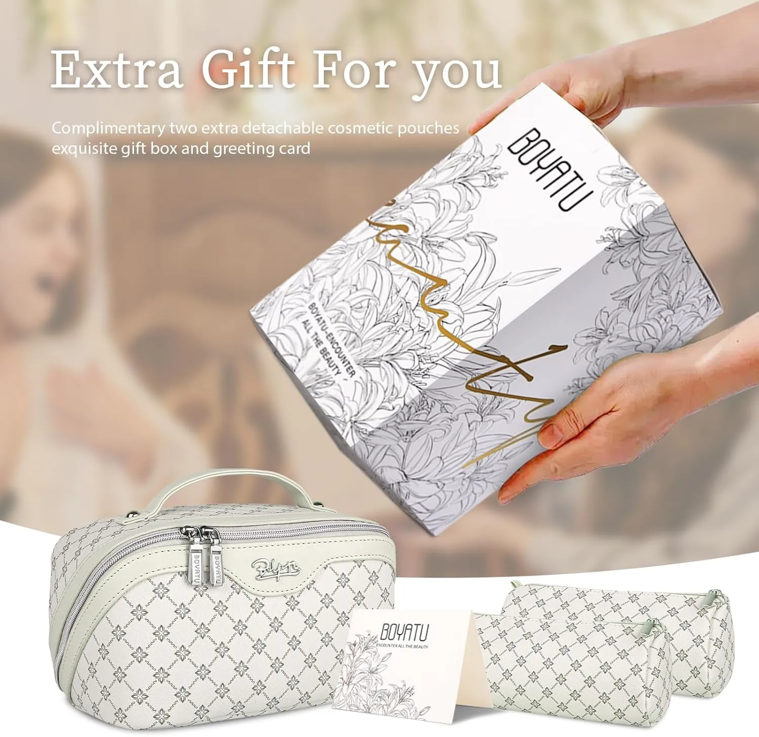 BOYATU Travel Makeup Bag Cosmetic Bags for Women: Large Make up Bags Set of 3 - Portable Makeup Organizer with Compartments&Handle&Divider - Waterproof PU Leather Toiletry Bag(01-Milky white)