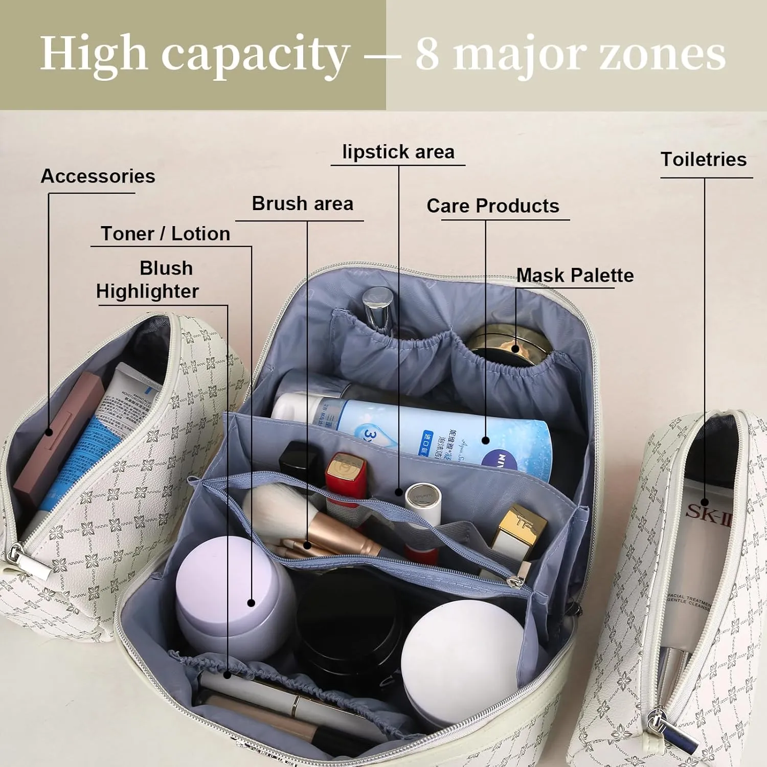 BOYATU Travel Makeup Bag Cosmetic Bags for Women: Large Make up Bags Set of 3 - Portable Makeup Organizer with Compartments&Handle&Divider - Waterproof PU Leather Toiletry Bag(01-Milky white)
