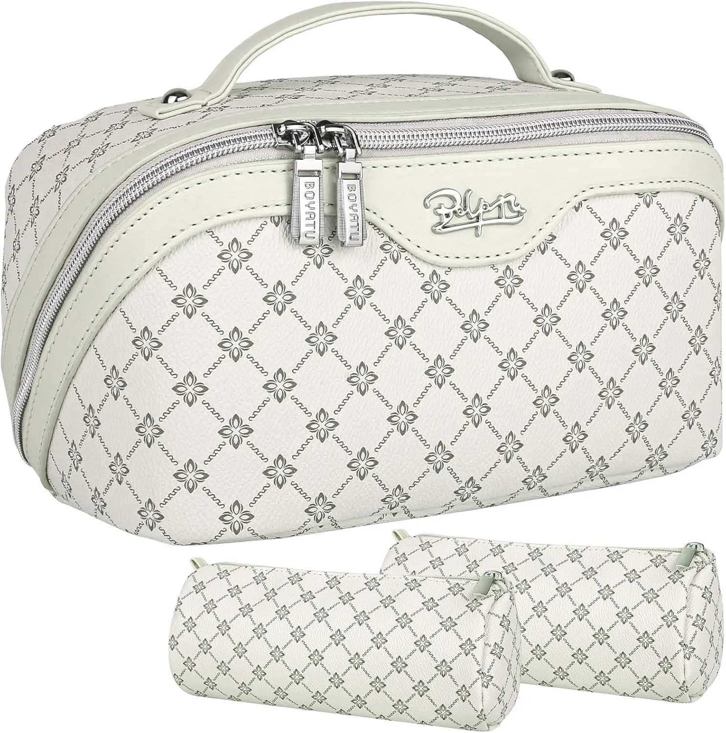 BOYATU Travel Makeup Bag Cosmetic Bags for Women: Large Make up Bags Set of 3 - Portable Makeup Organizer with Compartments&Handle&Divider - Waterproof PU Leather Toiletry Bag(01-Milky white)