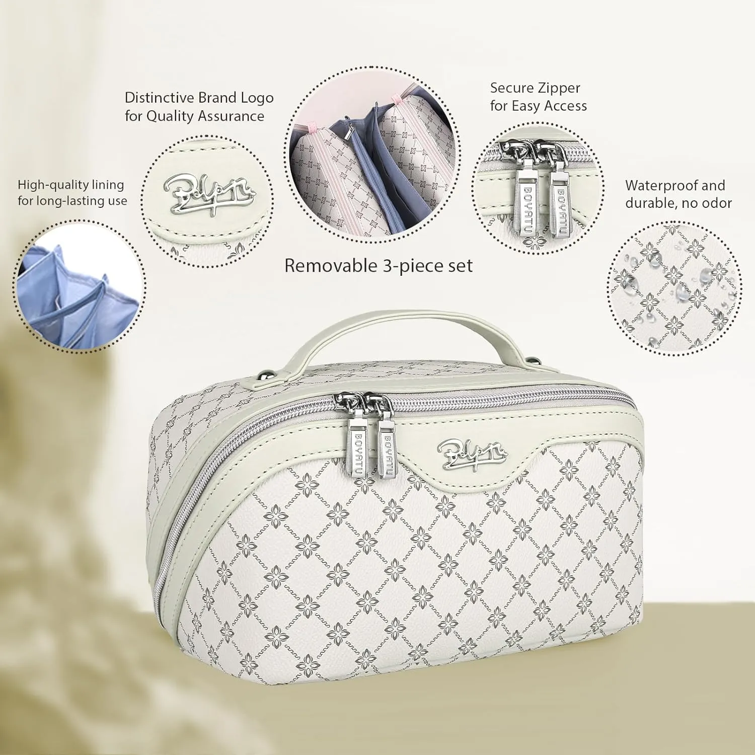 BOYATU Travel Makeup Bag Cosmetic Bags for Women: Large Make up Bags Set of 3 - Portable Makeup Organizer with Compartments&Handle&Divider - Waterproof PU Leather Toiletry Bag(01-Milky white)
