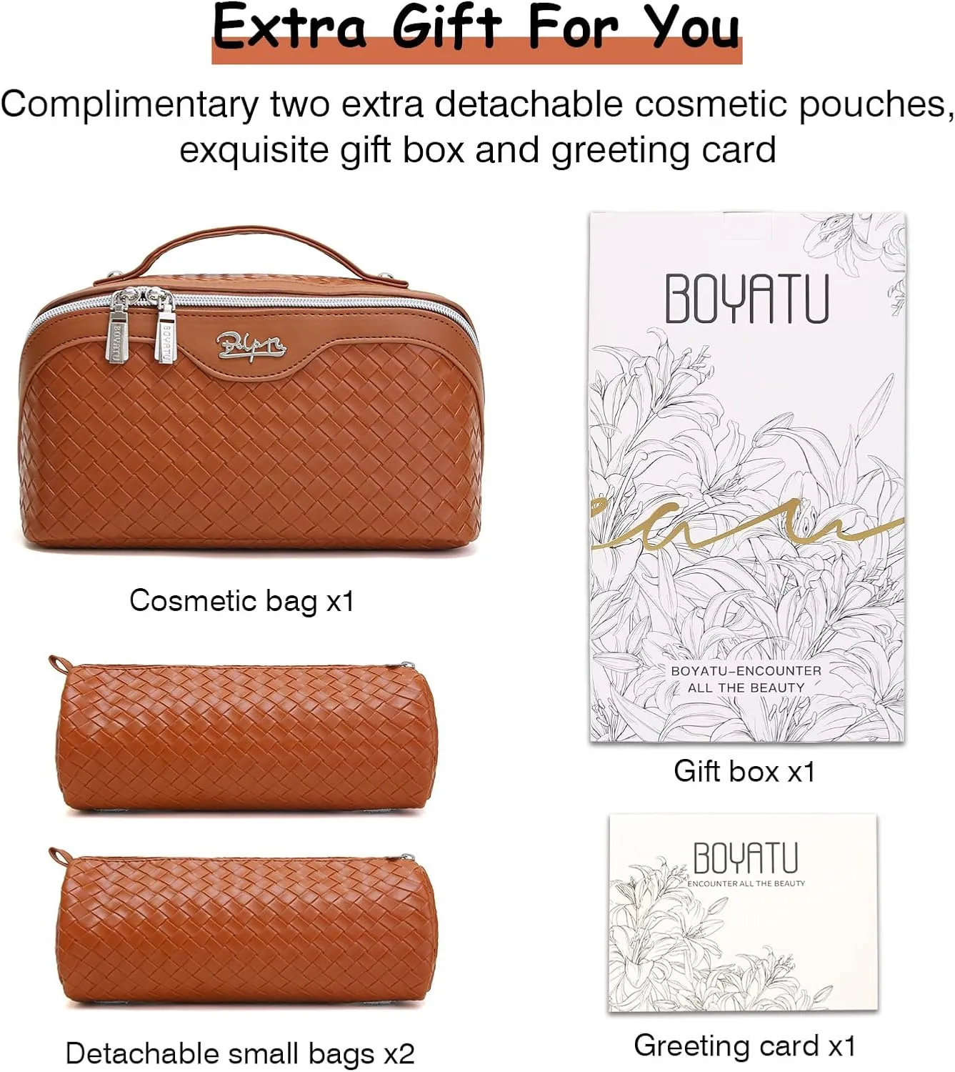 BOYATU Travel Makeup Bags for Women: 3 Pcs Large Make up Bags Set - Vegan Leather Cosmetic Bag for Traveling - Waterproof Toiletry Organizer Wide Open Portable Pouch (L07 Brown)