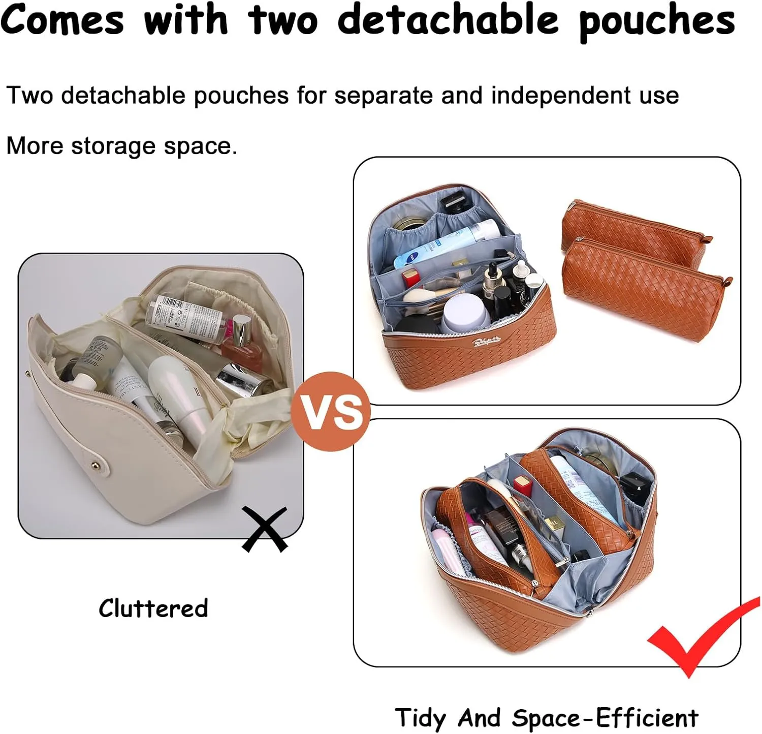 BOYATU Travel Makeup Bags for Women: 3 Pcs Large Make up Bags Set - Vegan Leather Cosmetic Bag for Traveling - Waterproof Toiletry Organizer Wide Open Portable Pouch (L07 Brown)