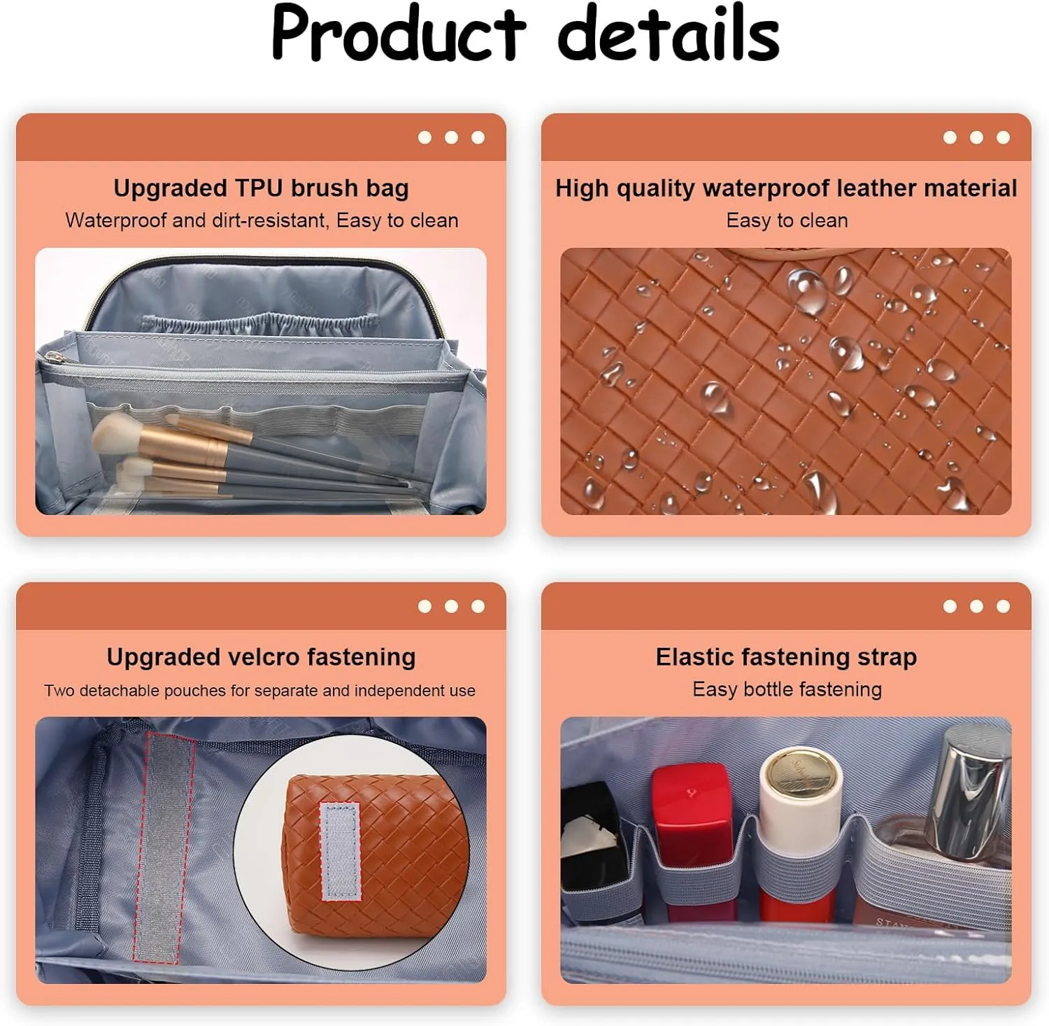 BOYATU Travel Makeup Bags for Women: 3 Pcs Large Make up Bags Set - Vegan Leather Cosmetic Bag for Traveling - Waterproof Toiletry Organizer Wide Open Portable Pouch (L07 Brown)