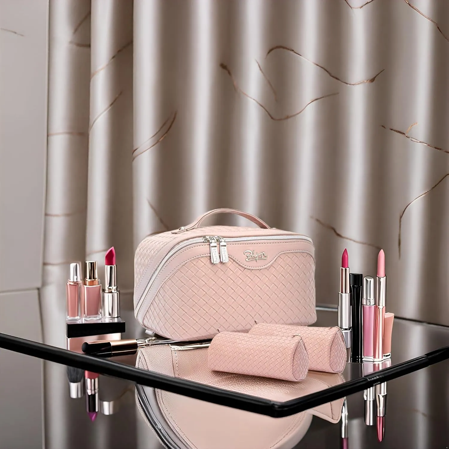 BOYATU Travel Makeup Bags for Women: Large Cosmetic Bag Waterproof - Vegan Leather Make up Bag Set of 3 - Compact Toiletry Organizer with Compartments & Handle & Divider (L01 Light Pink)