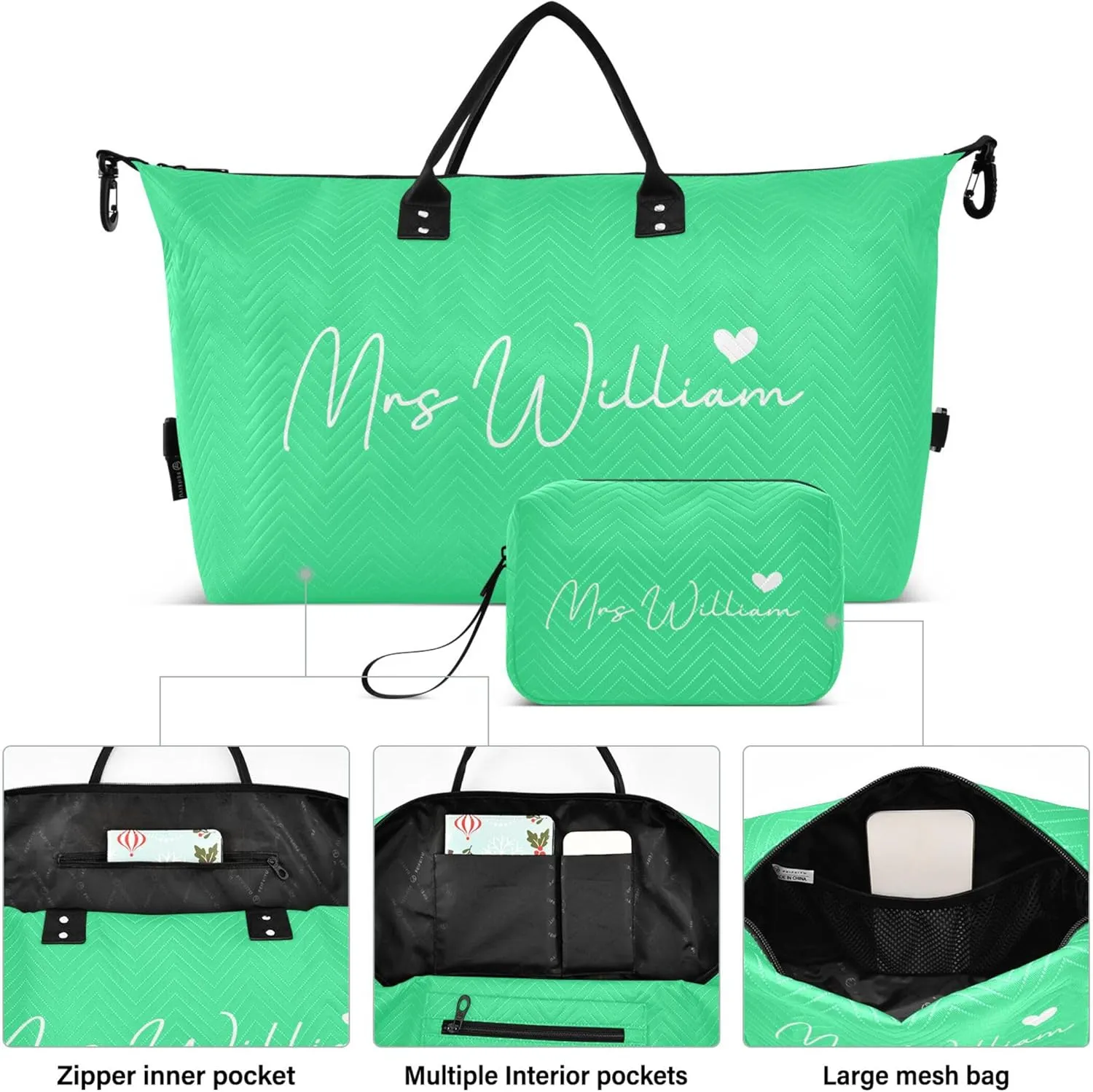 Bright Green Custom Travel Duffel Bag with Toiletry Bag Personalized Weekender Bag for Travel Sports Trips Large Carry On Overnight Bag for Women & Men