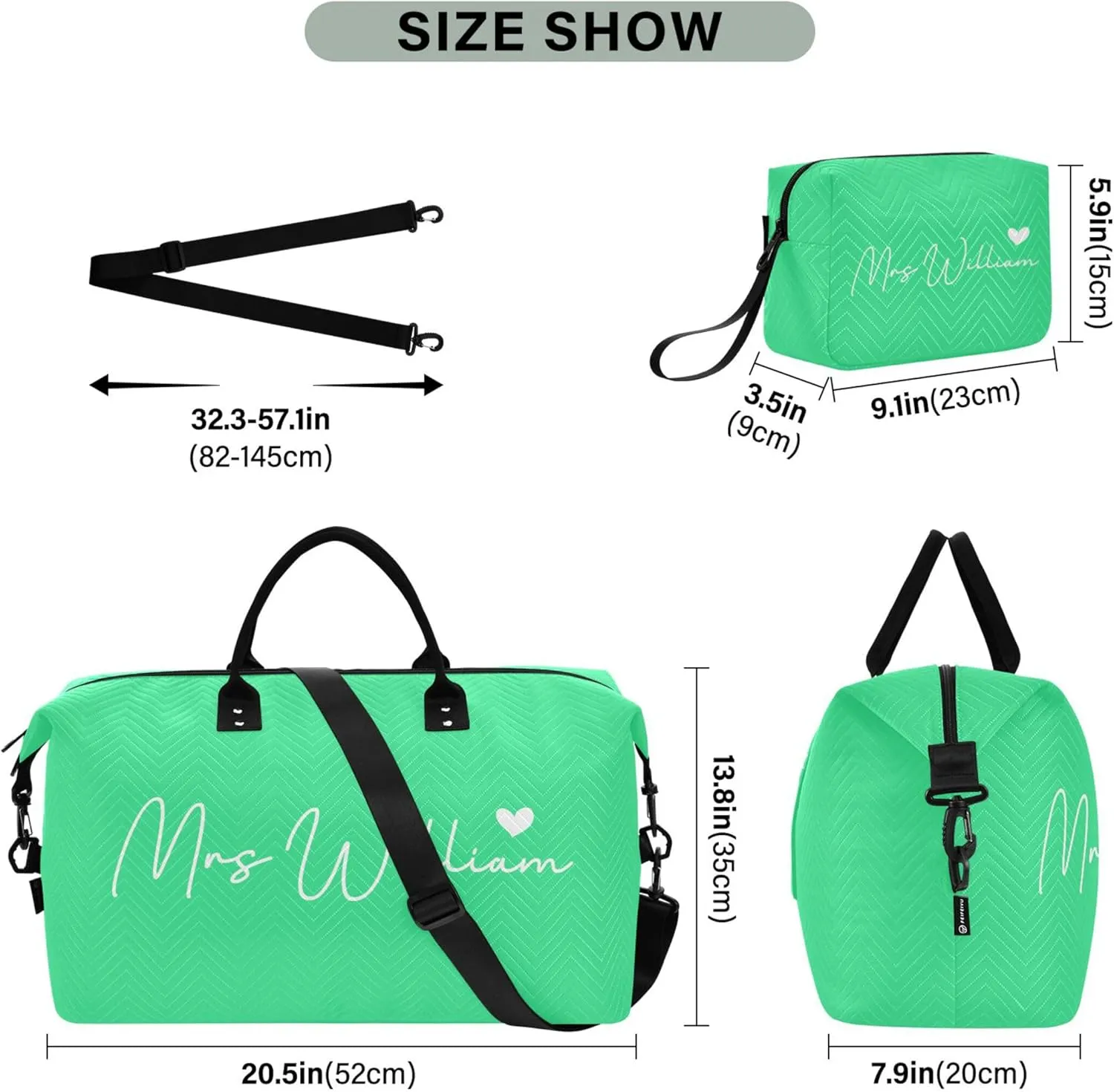 Bright Green Custom Travel Duffel Bag with Toiletry Bag Personalized Weekender Bag for Travel Sports Trips Large Carry On Overnight Bag for Women & Men