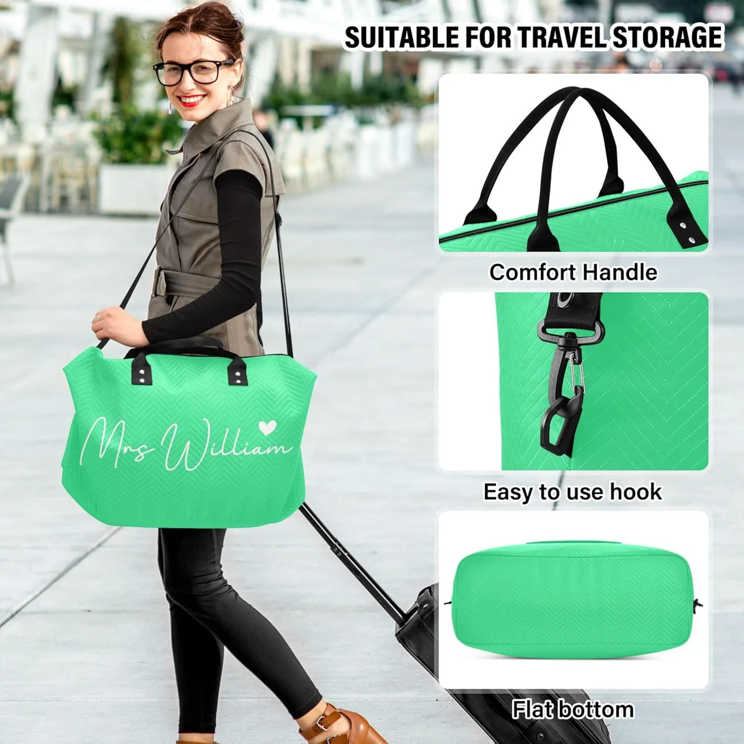 Bright Green Custom Travel Duffel Bag with Toiletry Bag Personalized Weekender Bag for Travel Sports Trips Large Carry On Overnight Bag for Women & Men
