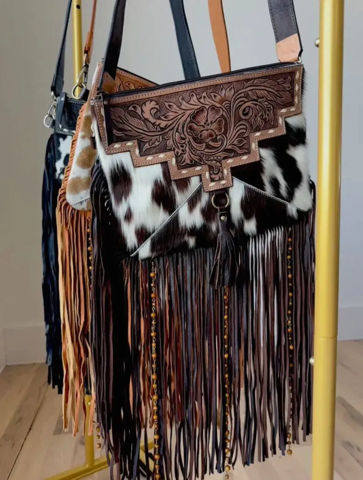 Brown Dixie Cowhide Crossbody Western Tooled Leather Fringe Purse