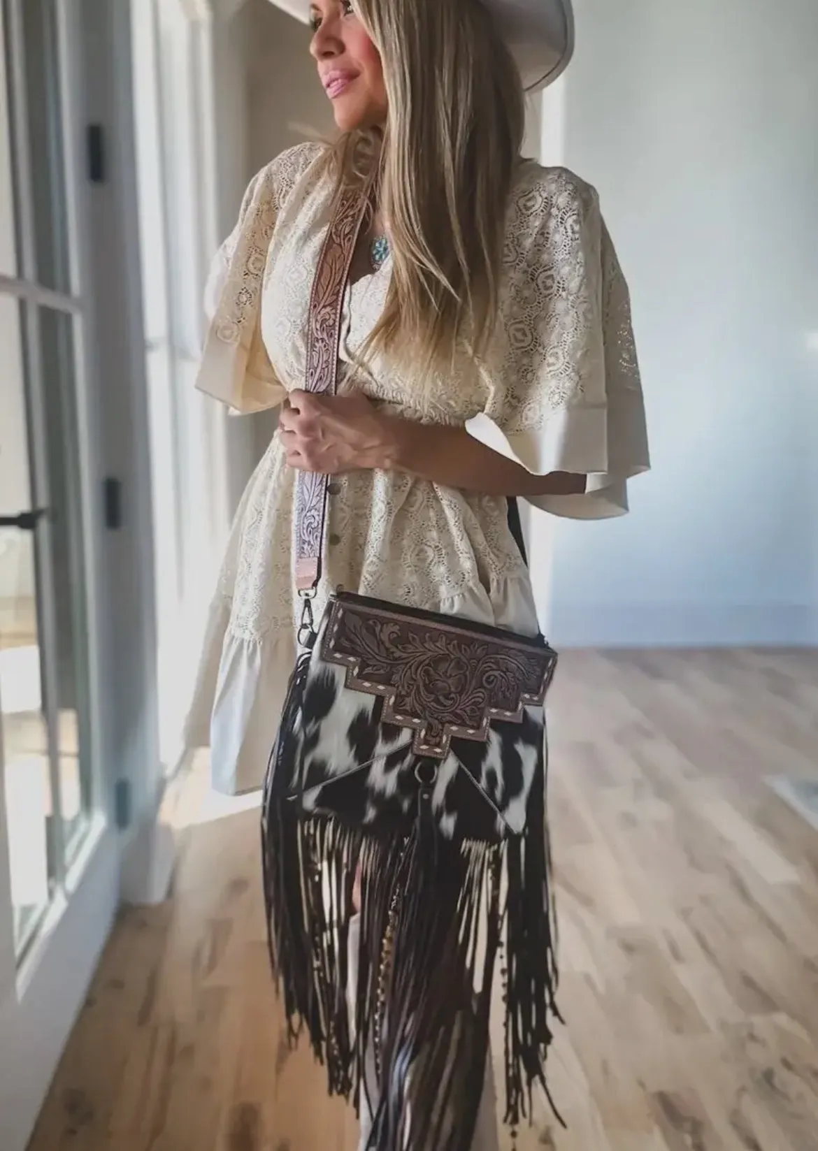 Brown Dixie Cowhide Crossbody Western Tooled Leather Fringe Purse