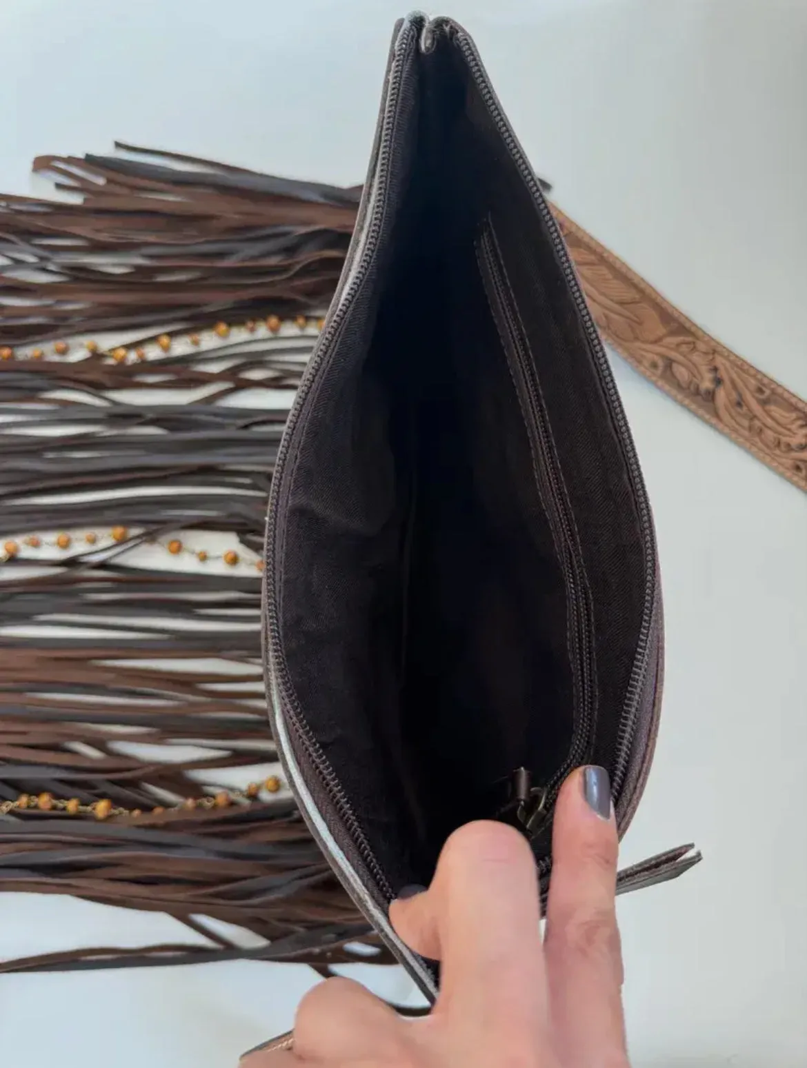 Brown Dixie Cowhide Crossbody Western Tooled Leather Fringe Purse