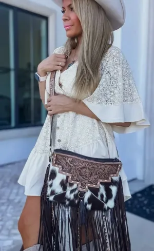 Brown Dixie Cowhide Crossbody Western Tooled Leather Fringe Purse