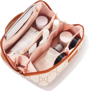 Brown PU Leather Travel Makeup Bag with Dividers,Handle, and Wipe-clean Brush Compartment, Waterproof Large Checkered Travel Cosmetic Bag, Portable Open Flat Toiletry Bag for Women,Brown