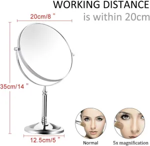 Brushed Nickel Tabletop Makeup Mirror, 360°Swivel Double Side Beauty Cosmetic Mirror, Magnification Shaving Mirror for Table, HD Standing Vanity Mirror for Beauty Salon,8inch,5X