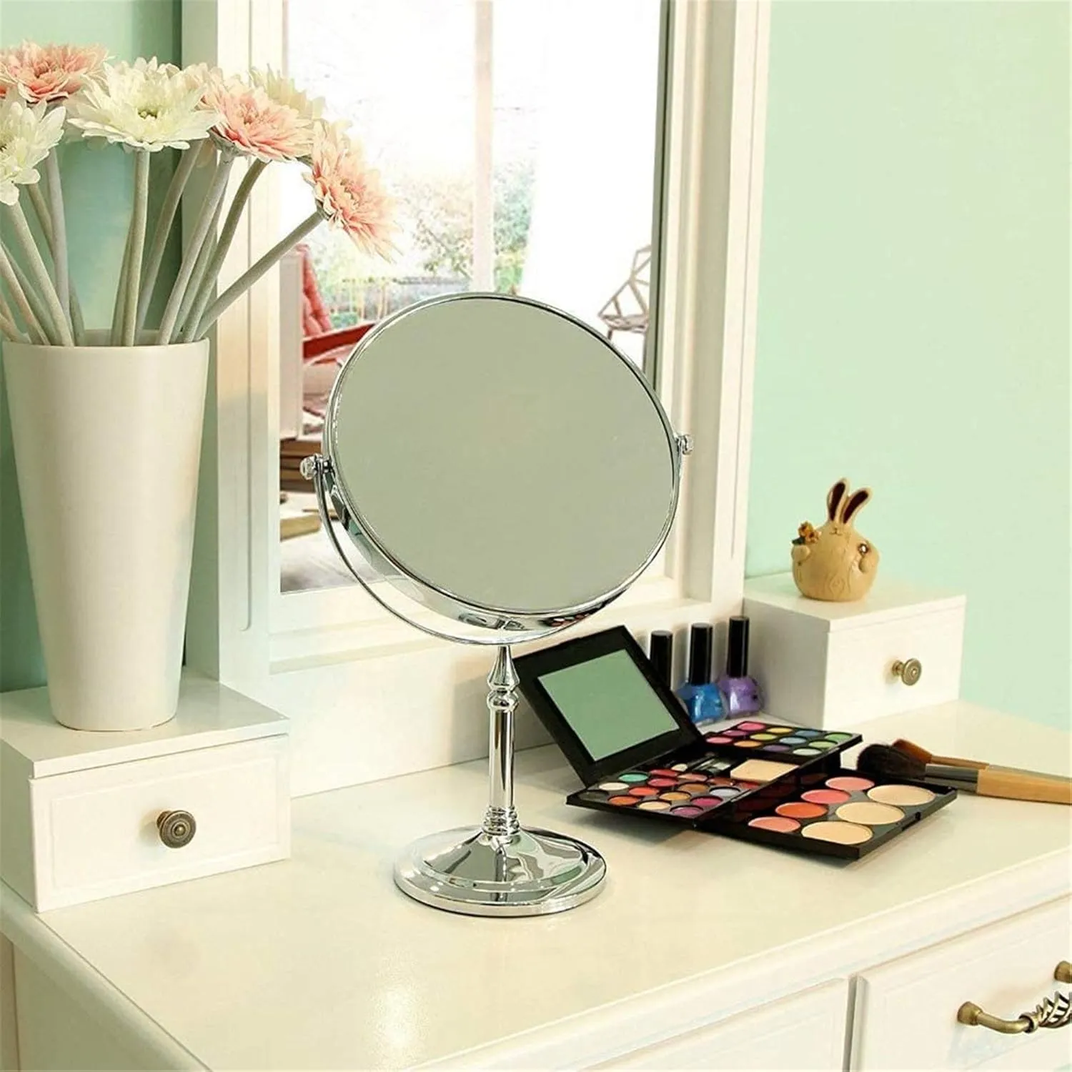 Brushed Nickel Tabletop Makeup Mirror, 360°Swivel Double Side Beauty Cosmetic Mirror, Magnification Shaving Mirror for Table, HD Standing Vanity Mirror for Beauty Salon,8inch,5X