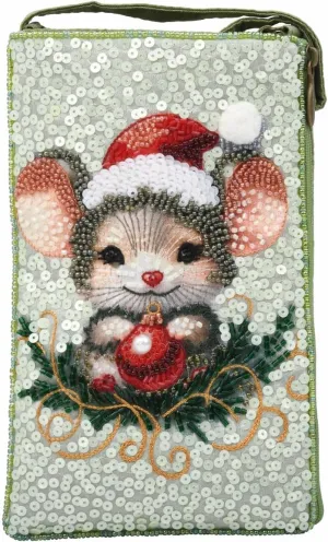 BTC Christmas Merry Mouse Artisan Hand Beaded Club Bag Phone Pouch Crossbody Bag, Green Multi