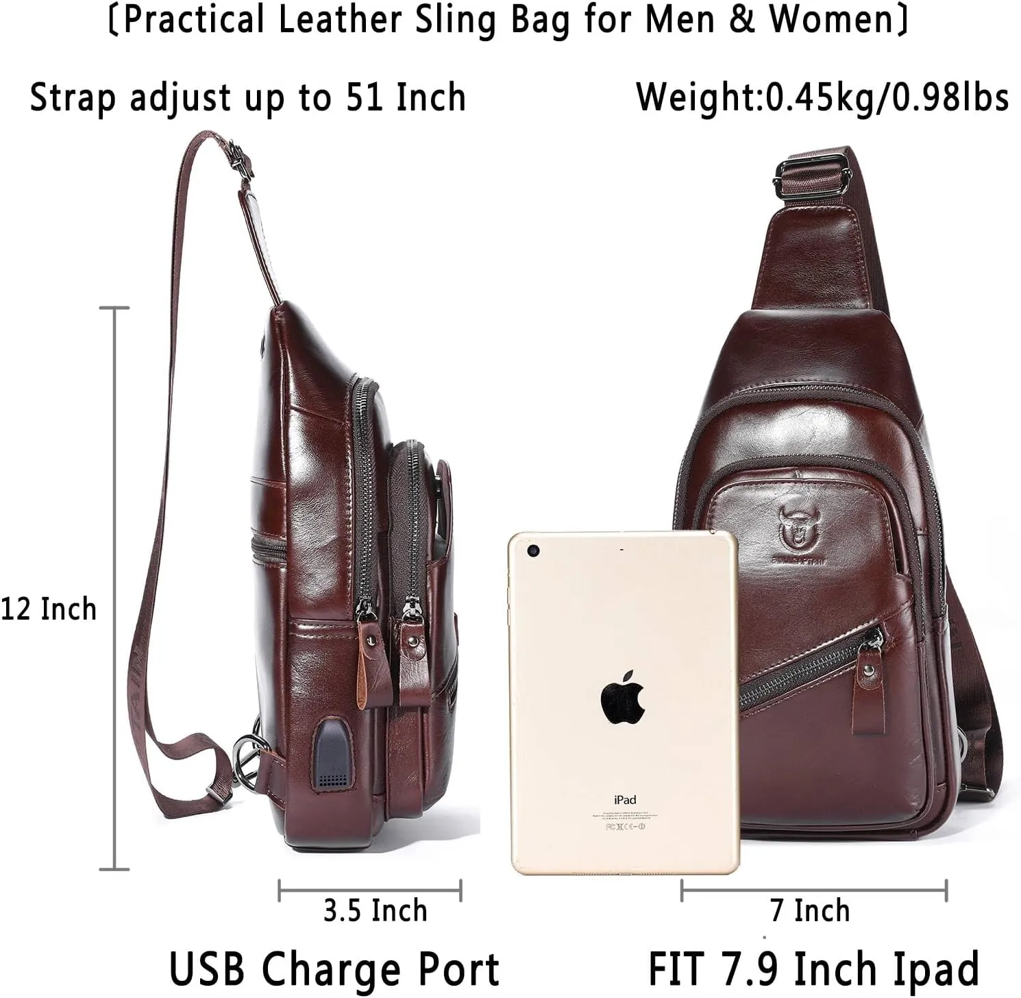 BULLCAPTAIN Leather Sling Bag for Men Crossbody Backpack with USB Charging Port Casual Daypack for Hiking Shoulder & Chest Bag Purse (Coffee)