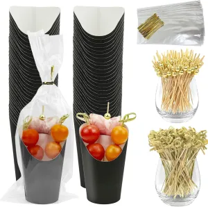 CAMKYDE 50 Sets Disposable Charcuterie Cups with Sticks and Bags, 12 oz Black Paper Snack Appetizers Cup French Fry Holder with Cocktail Picks Toothpicks (50 Cups 50 Bags 200 Sticks)