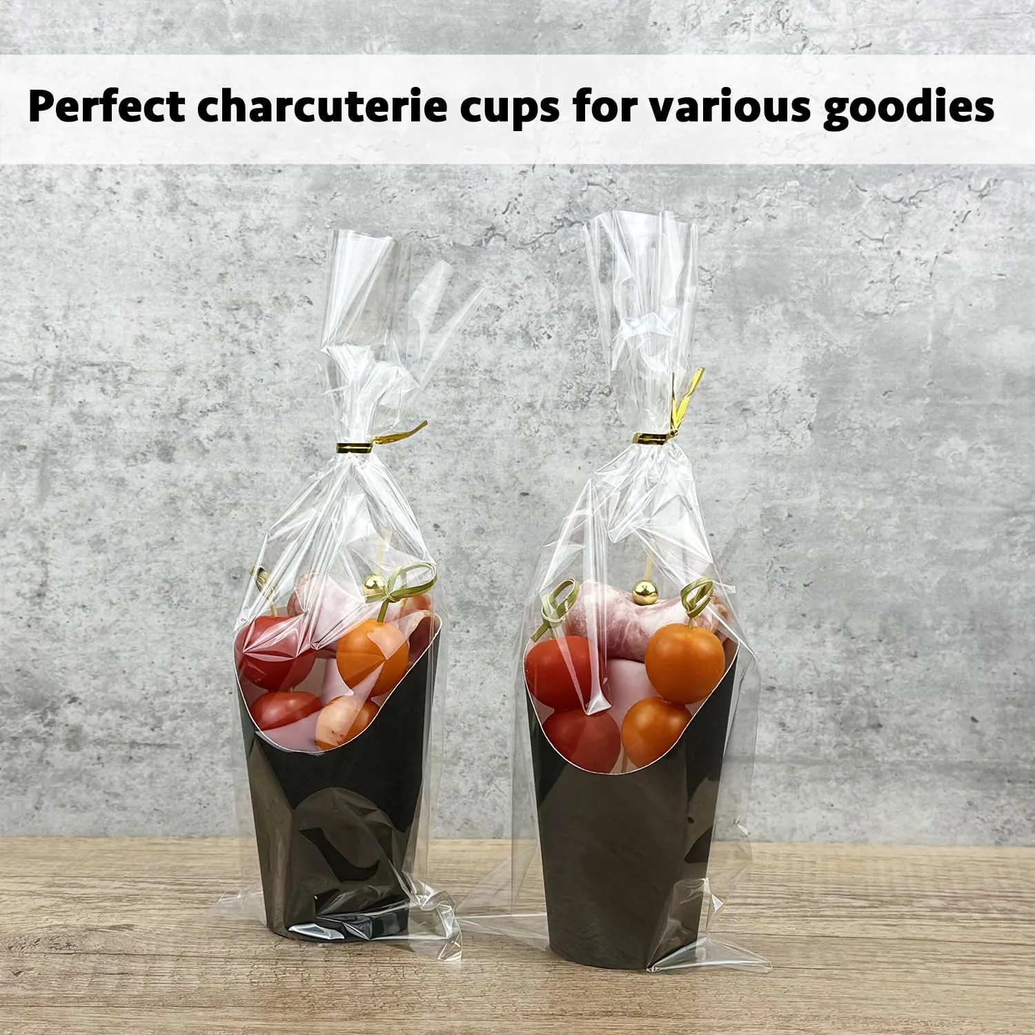 CAMKYDE 50 Sets Disposable Charcuterie Cups with Sticks and Bags, 12 oz Black Paper Snack Appetizers Cup French Fry Holder with Cocktail Picks Toothpicks (50 Cups 50 Bags 200 Sticks)