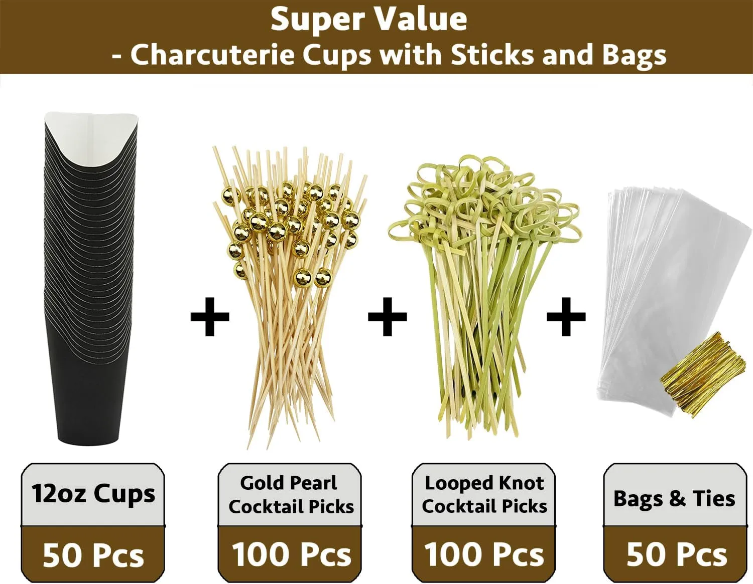 CAMKYDE 50 Sets Disposable Charcuterie Cups with Sticks and Bags, 12 oz Black Paper Snack Appetizers Cup French Fry Holder with Cocktail Picks Toothpicks (50 Cups 50 Bags 200 Sticks)