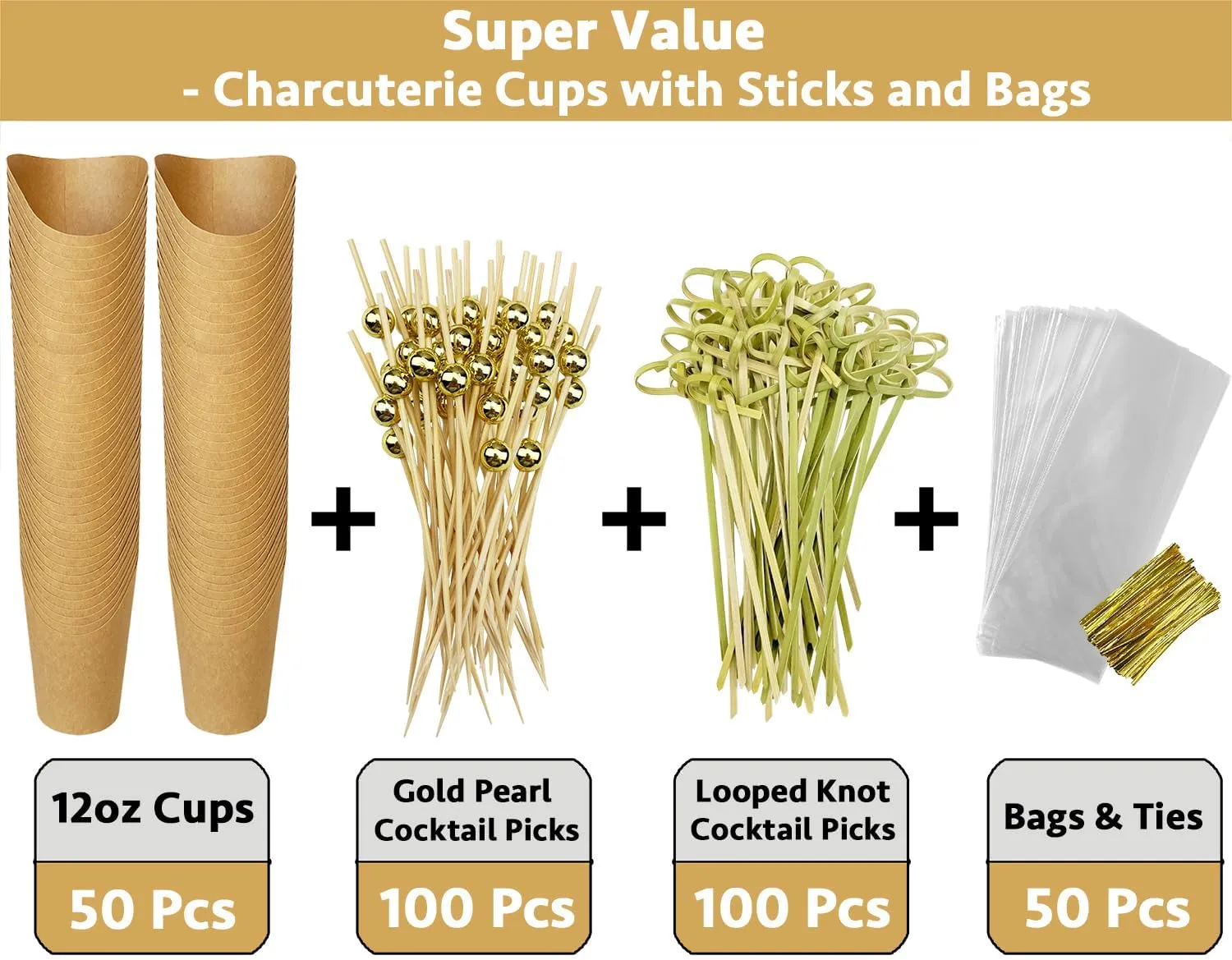 CAMKYDE 50 Sets Disposable Charcuterie Cups with Sticks and Bags, 12 oz Brown Kraft Paper Snack Appetizers Cup French Fry Holder with Cocktail Picks Toothpicks (50 Cups 50 Bags 200 Sticks)