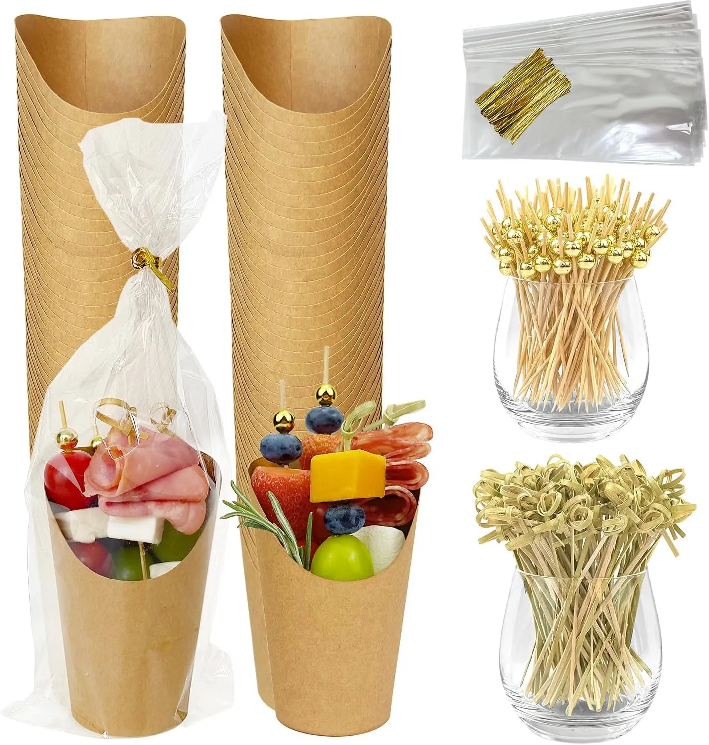CAMKYDE 50 Sets Disposable Charcuterie Cups with Sticks and Bags, 12 oz Brown Kraft Paper Snack Appetizers Cup French Fry Holder with Cocktail Picks Toothpicks (50 Cups 50 Bags 200 Sticks)