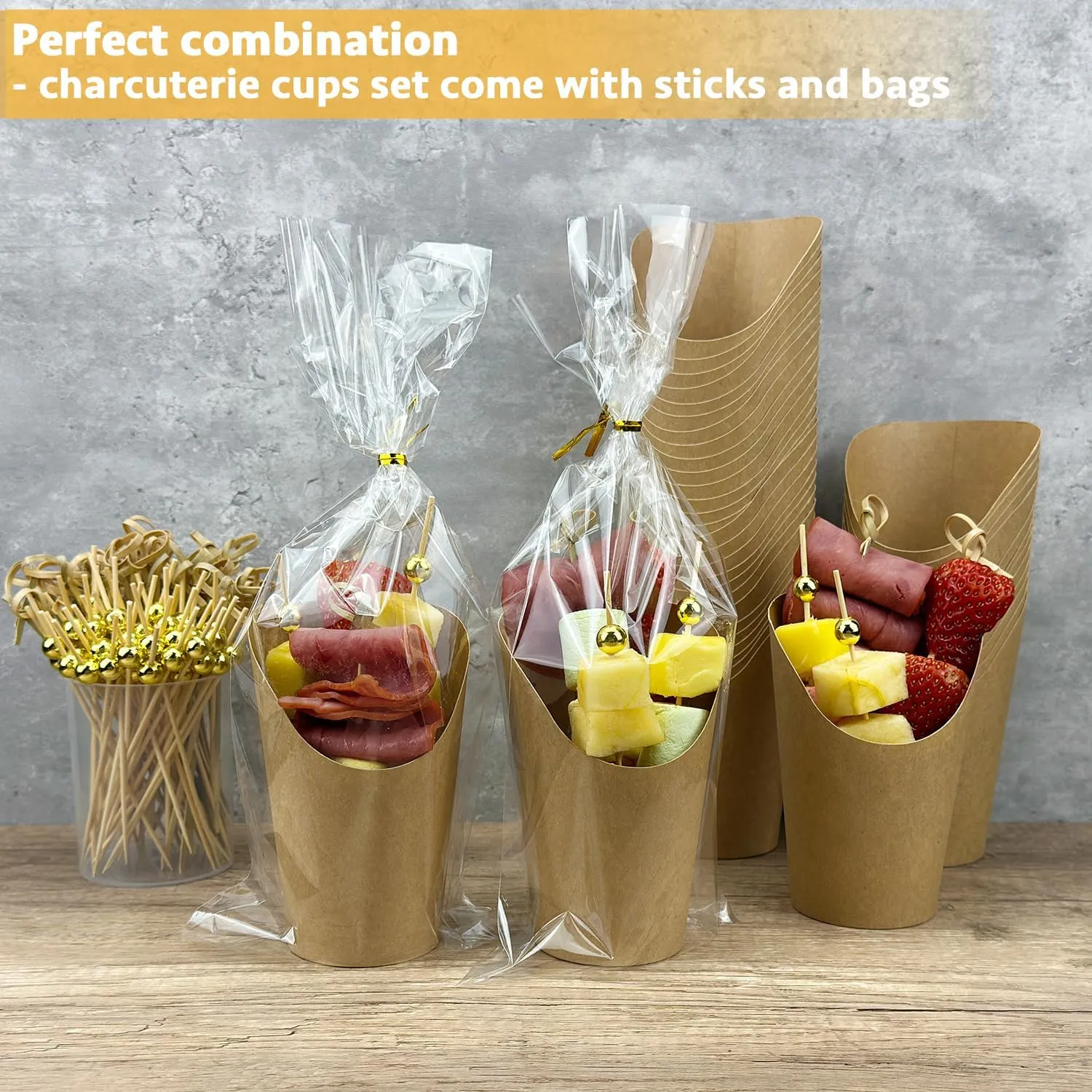 CAMKYDE 50 Sets Disposable Charcuterie Cups with Sticks and Bags, 12 oz Brown Kraft Paper Snack Appetizers Cup French Fry Holder with Cocktail Picks Toothpicks (50 Cups 50 Bags 200 Sticks)