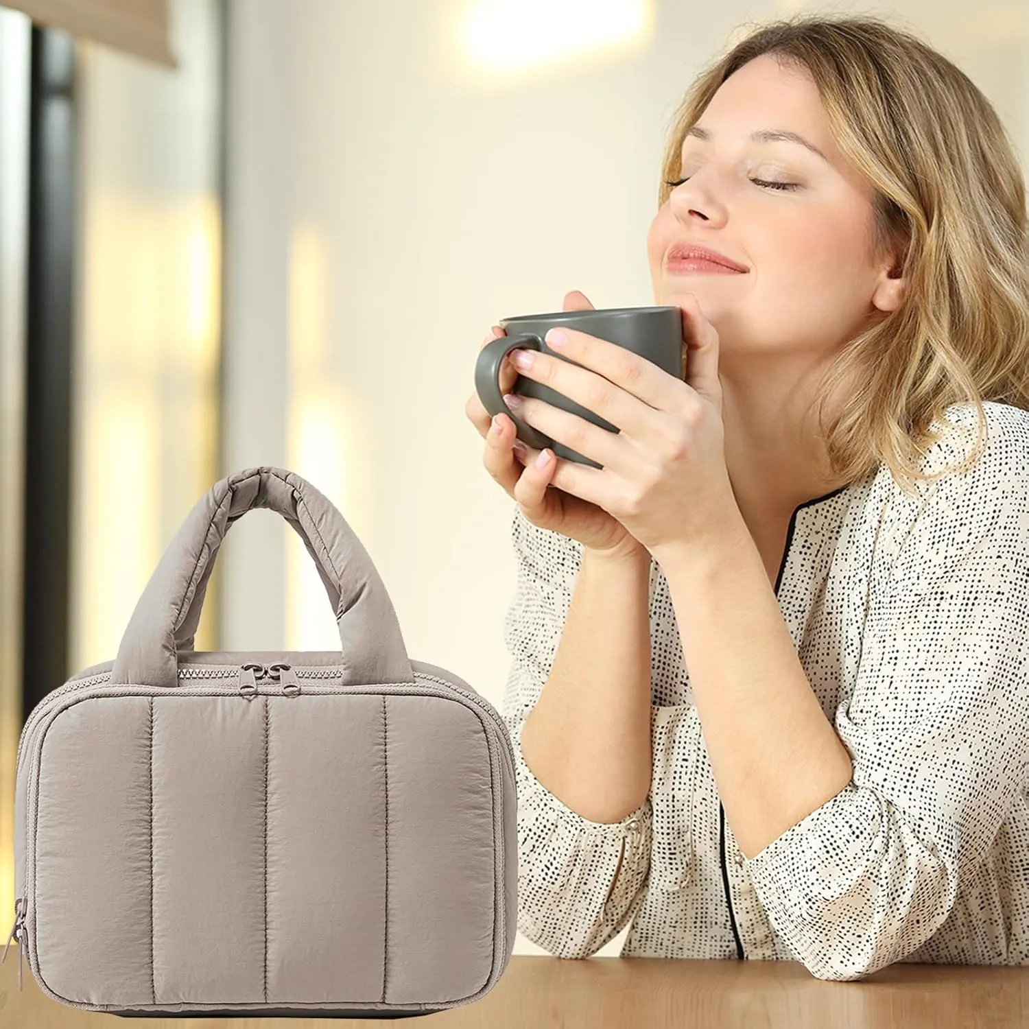 CAMTOP Travel Toiletry Bag for Women Travel Toiletry Organizer Lightweight Large Wide-open Makeup Bag Large Capacity Qulited Cosmetic Bag Puffy for Essentials Organizer (Purple-Grey)