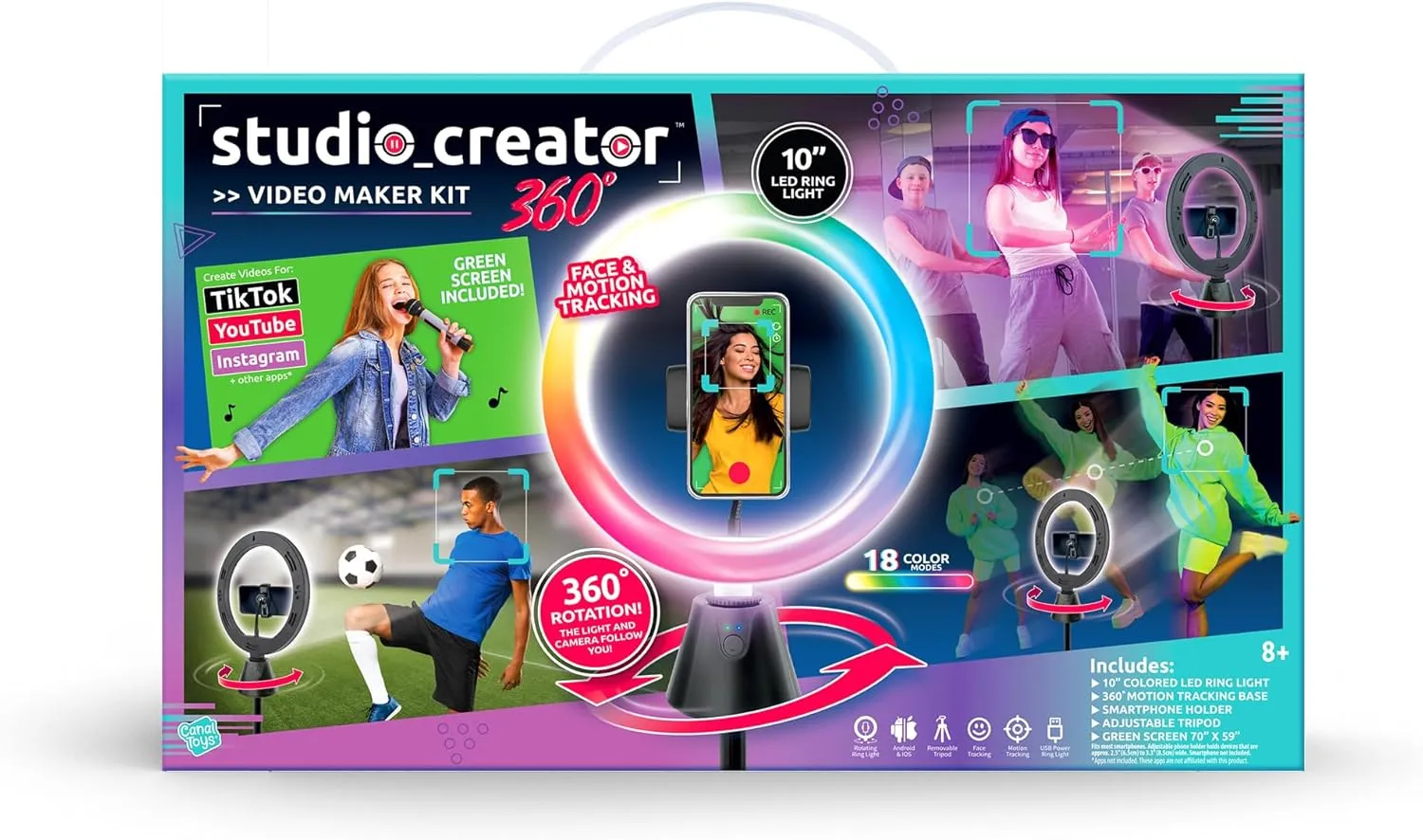 Canal Toys Studio Creator 360 Video Maker Kit, Green Screen and Tripod, Face and Motion Tracker, 10" Light Ring, Multi Colored