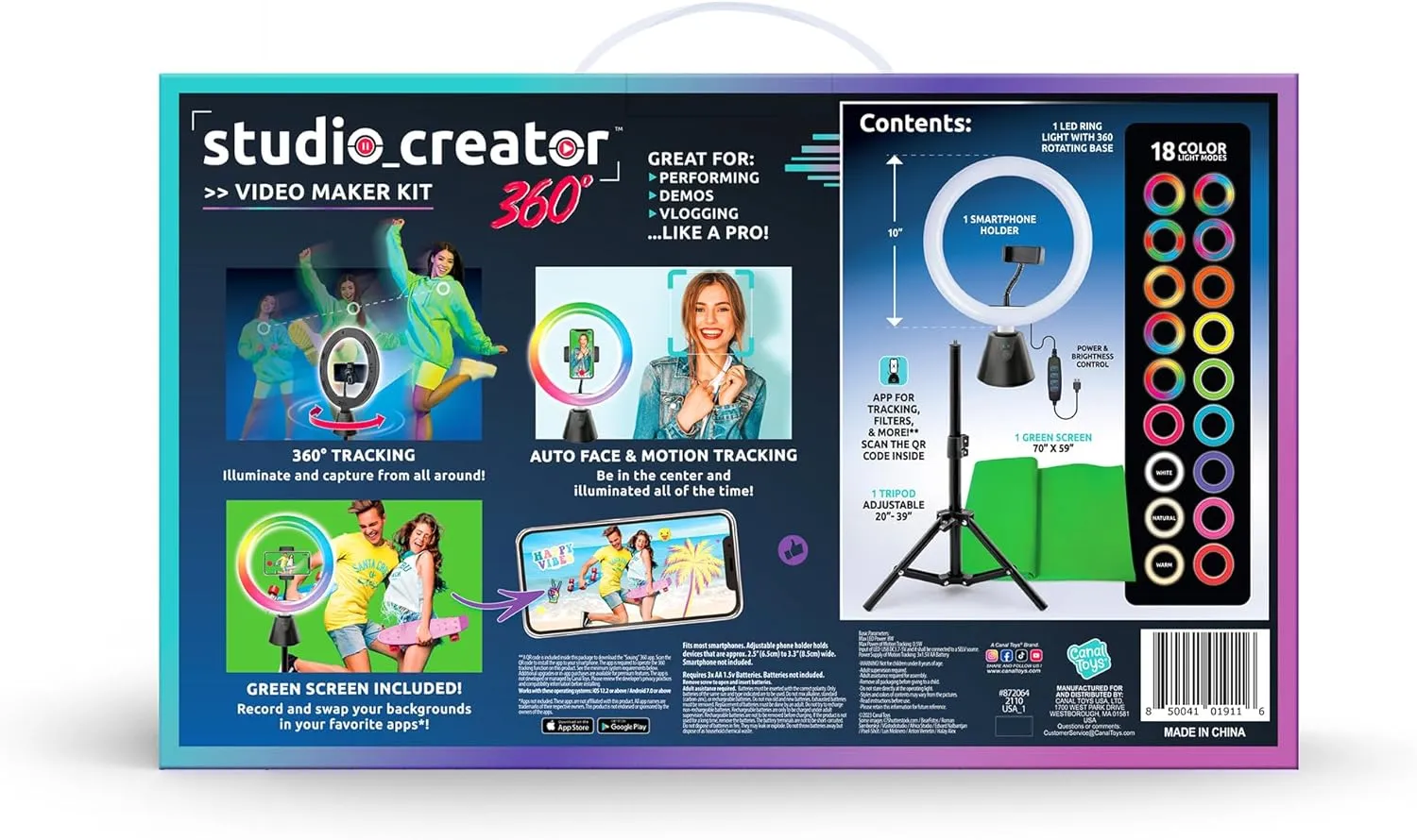 Canal Toys Studio Creator 360 Video Maker Kit, Green Screen and Tripod, Face and Motion Tracker, 10" Light Ring, Multi Colored