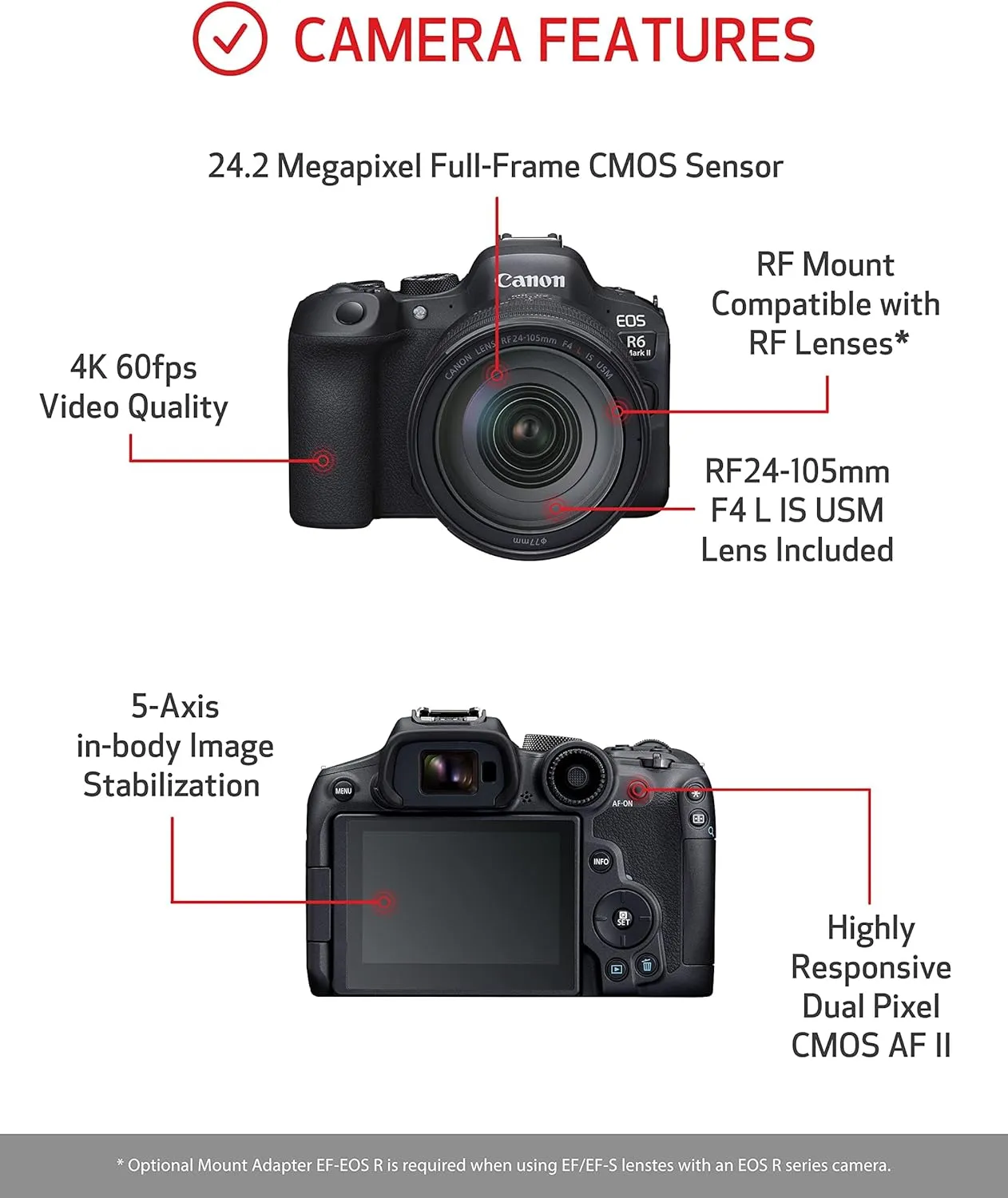 Canon EOS R6 Mark II Mirrorless Camera RF24-105mm F4 L USM Lens Kit, Hybrid Full-Frame Camera, 24.2 Megapixel CMOS Sensor. Photo and Video Camera Capabilities, RF Mount, Black